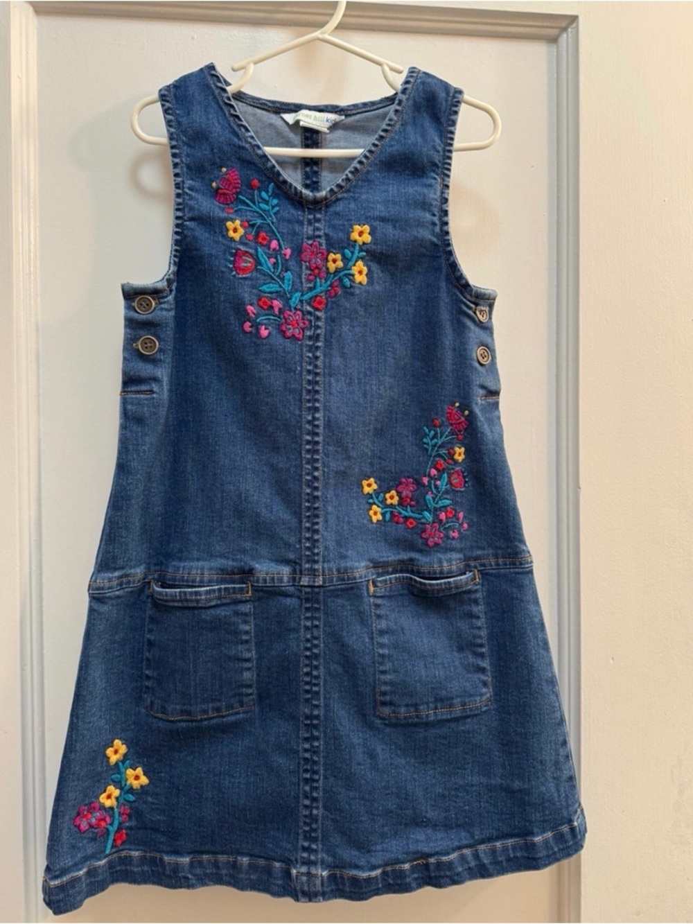 Garnet Hill Kids Denim Jumper Dress with Bright Floral Embroidery